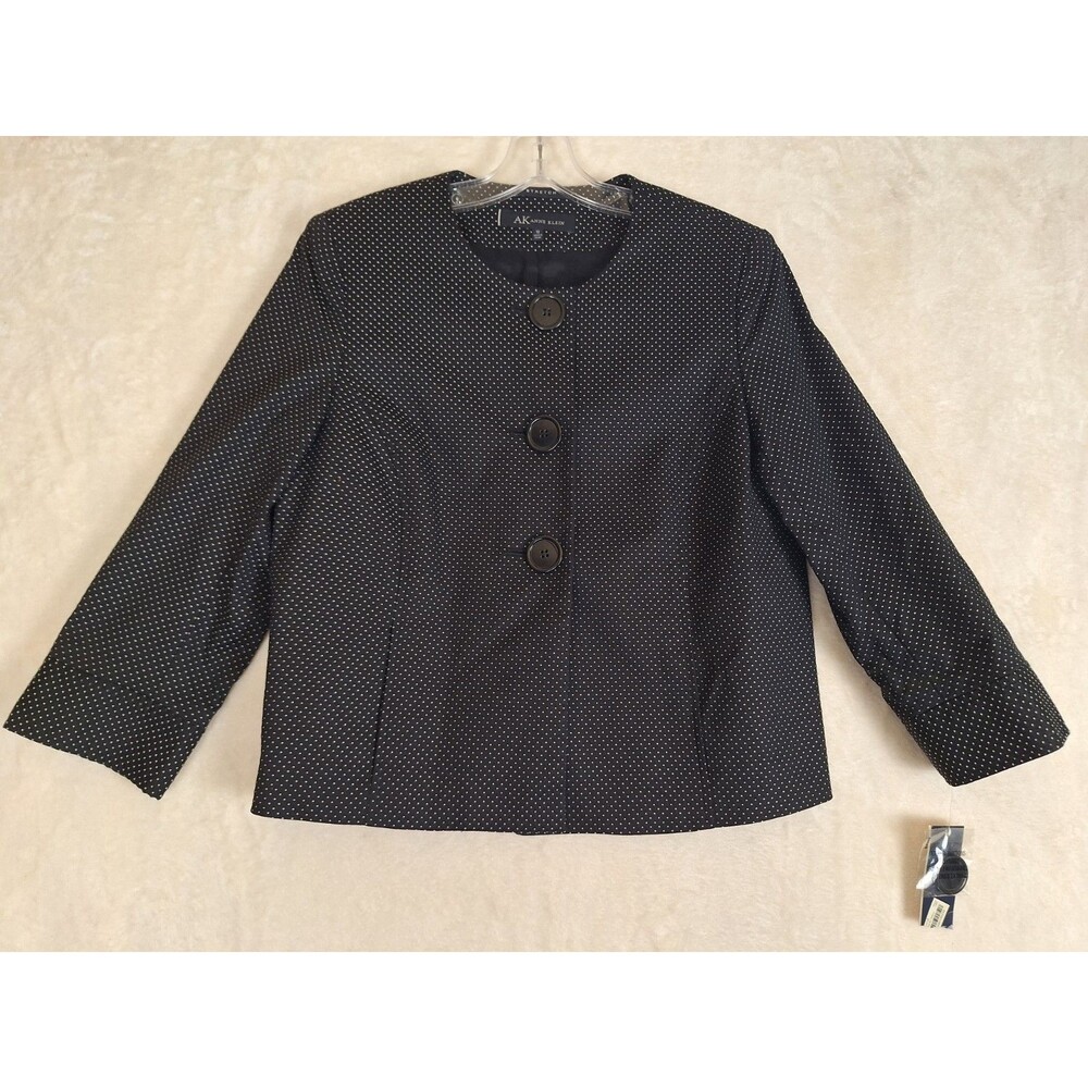 Anne Klein Blazer Jacket Lined Womens 10 Black Dots Stretch Pockets Career NWT